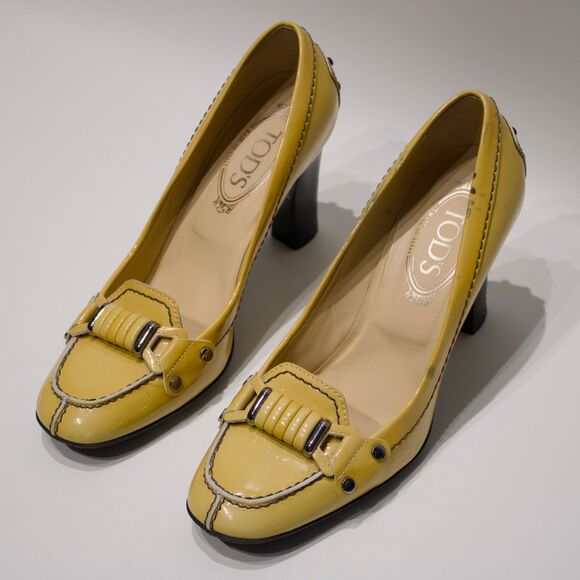 Tod’s Made in Italy Light Yellow Beige Patent Leather Heels Women Size 8 - Picture 1 of 16
